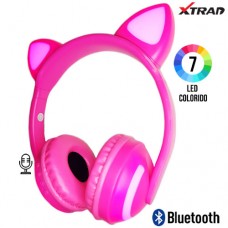 Headphone sem Fio Bluetooth/Aux Ajustável Orelha de Gato com Microfone e LED 7 Cores Xtrad LC-831 - Pink